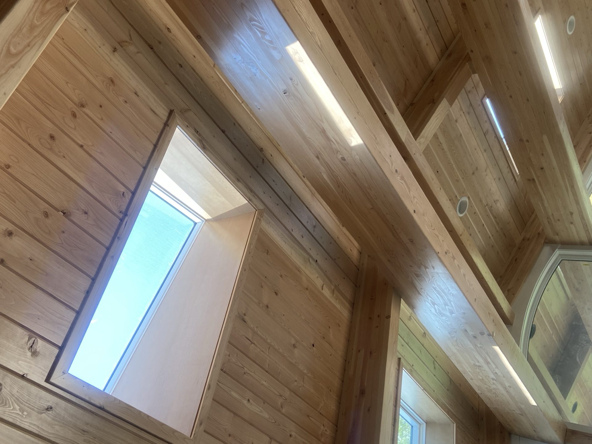 Cedar tongue-and-groove vaulted ceiling with custom skylights